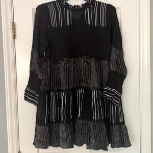 Zara Embroidered Chambray Mini Dress/Tunic XL, stripes, ruffles, high neck